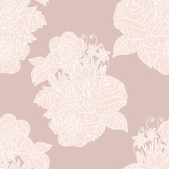 a pattern with a classic composition of flowers on a dusty pink background: rose, dahlia, lily, leaves, buds.