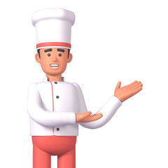 3d render of cheerful cook in white uniform pointing to side, advertise, promote