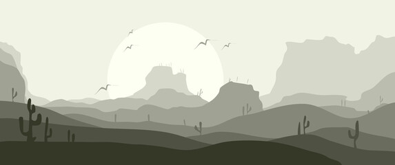 Fototapeta na wymiar Cactus hill landscape scenery illustration, horizon scenery design. Perfect for background, desktop background, travel banner.