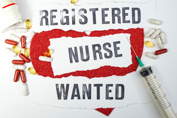 Registered Nurse wanted written with stamp letters - obrazy, fototapety, plakaty