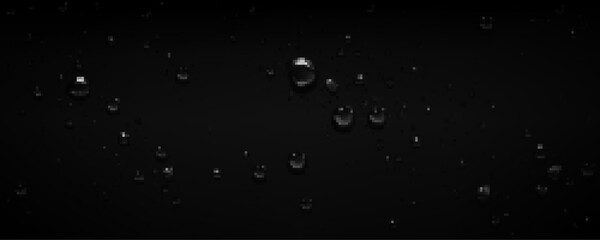 Black background with clear water drops from rain, dew or steam condensation. Wet surface with liquid raindrops, pure aqua bubbles, vector realistic illustration