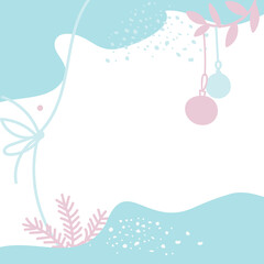 christmas card with gift ribbon, christmas balls, snow flakes and fir branches. PNG frame with winter motifs