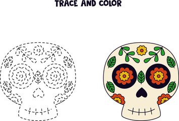 Trace and color cute hand drawn Mexican skull. Worksheet for children.
