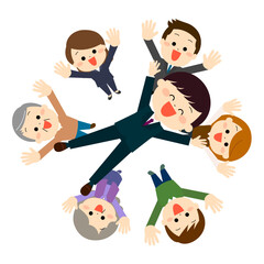 胴上げされている男子学生