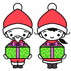 プレゼント箱を持った笑顔の男の子と女の子のサンタさん