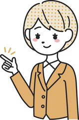 指を差して説明するスーツを着た女性