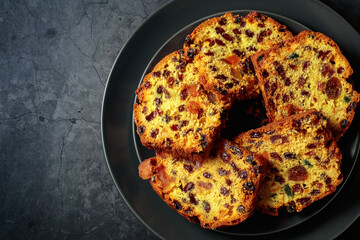Cake with raisins and candied fruit.