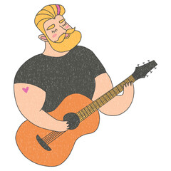 Bearded Man playing acoustic guitar and singing. Cartoon style illustration