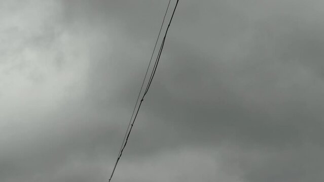 Electric wires stagger in the strong wind of a hurricane against the background of gray thunderclouds. Copy space for text