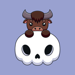 cute skull buffalo halloween cartoon mascot doodle art hand drawn concept vector kawaii icon illustration
