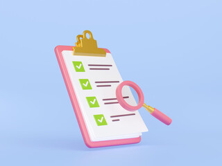 3D illustration of pink magnifying glass and checklist with green ticks. Clipboard paper list of successfully completed female health checkup plan or to-do list. Business assignments or survey icon