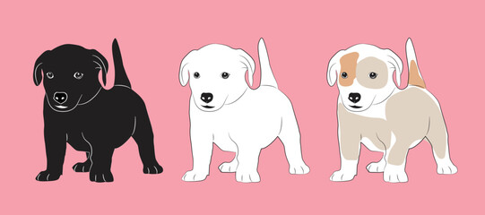 Cute white, black and gray puppy.  Vector illustration of dog breed set in flat style.  Cute dog. Vector illustration isolated on pink background, cartoon funny dogs