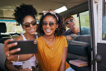 Travel, smile and selfie with friends on road trip in car for adventure, summer and freedom on...