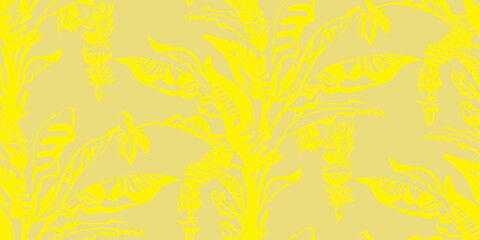 summer tropical seamless pattern with a yellow palm tree and growing bananas drawn in gouache