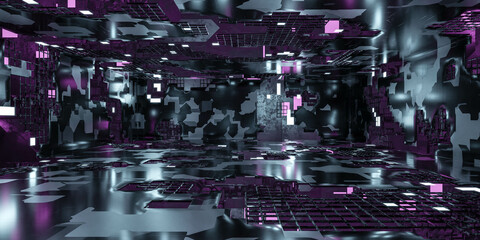 metallic dark room with glowing lights 3d render illustration