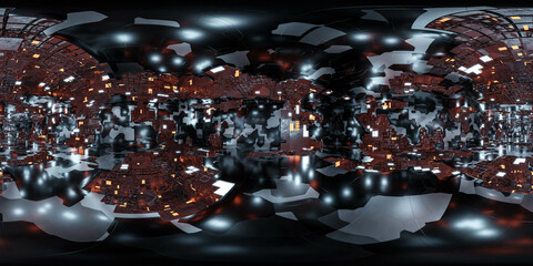 Fototapeta na wymiar 360 degree full panorama environment map of metallic dark room with glowing lights 3d render illustration hdri hdr vr virtual reality content