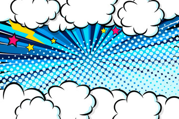 Comic cloud frame with lightning and stars on halftone rays background. Design template vector art illustration.