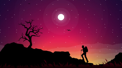 Naklejka na ściany i meble sunset background, silhouette of a person in the mountains, Travelers climb with backpack and travel walking sticks, person with backpack for hiking, mountain climber background