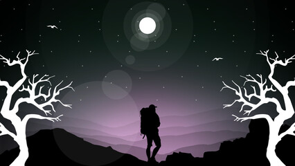 Fototapeta premium Travelers climb with backpack, silhouette of a person in the mountains, person with backpack for hiking silhouette vector, mountain climber background
