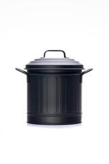 Metal dustbin on white background