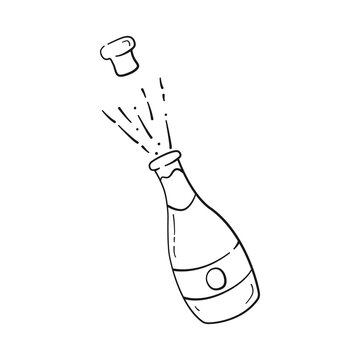 Champagne opening with splash in doodle style. Champagne bottle in black linear drawing style. Png on transparent background