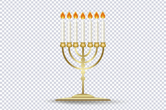 Golden Menorah icon. Traditional seven-branched Jewish candlestick. Hanukkah menorah with burning candles. Hanukkah candlestick with candles isolated object on transparent. Vector illustration