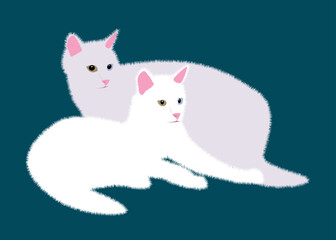 Fototapeta na wymiar Vector illustration of a cute white cat happy with yellow and blue eyes on dark green background.