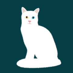 Vector illustration of a cute white cat happy with yellow and blue eyes on dark green background.