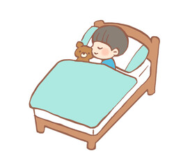 ベッドでぐっすり眠る子どものイラスト