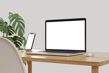 blank laptop and smartphone mockup on the wood table