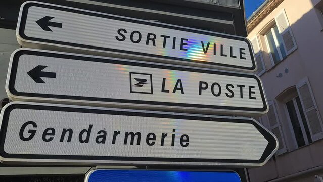 Saint Tropez France Street Sign, Post Office, Police and City Exit Directions, Close Up