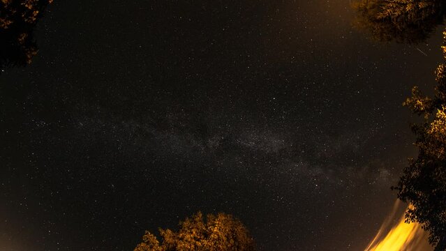time lapse of milky way with trees