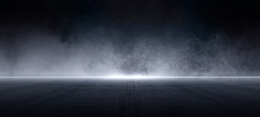 Dark street, asphalt abstract dark background, empty dark scene, neon light, spotlights The concrete floor and studio room with smoke float up the interior texture for display products, Night view - obrazy, fototapety, plakaty