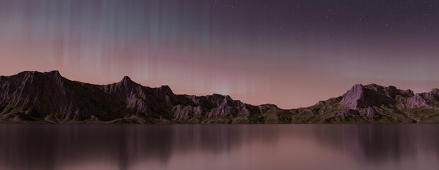 Green Aurora Borealis over Rugged Mountains. Majestic Northern Lights Banner with copy-space.