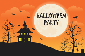 Halloween night Party background, dark castle on the hill and the moon background,. vector illustration