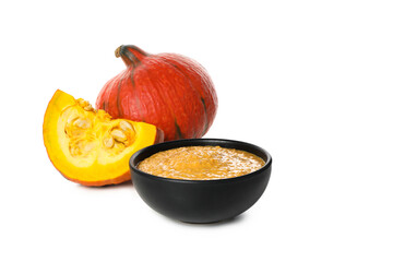 Concept of Autumn vibe food, Pumpkin porridge, isolated on white background