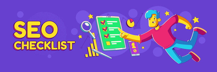 Seo checklist banner of marketing audit and analysis list. Man work with report questionnaire on tablet screen, smartphone and charts, vector poster with illustration in contemporary style