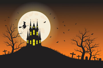 Halloween night Party background, dark castle on the hill and the moon background,. vector illustration