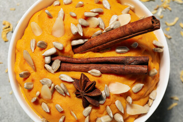 Concept of Autumn vibe food, Pumpkin porridge, top view