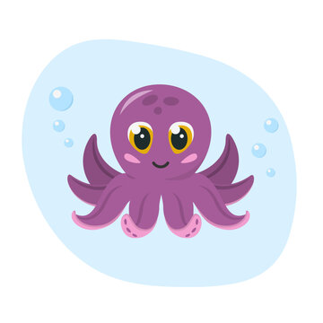 Cute smiling purple octopus with bubbles. Cartoon tropical creature. Element for summer design. Isolated on white background. Flat vector illustration