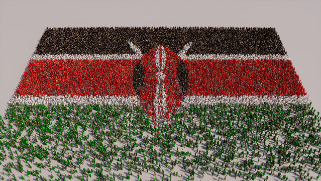 Aerial view of a Crowd of People, coming together to form the Flag of Kenya. Kenyan Banner on White Background.