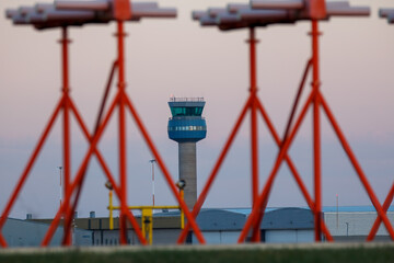ILS at East Midlands Airpor and Control Tower - stock photo - obrazy, fototapety, plakaty