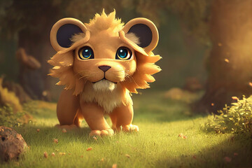 Cute lion cub in a fairytale forest, soft lighting, illustration