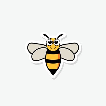 Cute cartoon smiling bee icon sticker isolated on white background