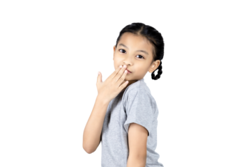 Little Asian girl covered her mouth with her right hand with clipping path.