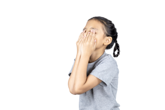 Asian little girl covers her face with her hand with clipping path.