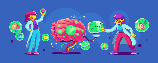 Fototapeta premium Neuromarketing concept with women research brain with computer and icons of target, idea and megaphone. Marketing strategy with neuroscience knowledge, vector contemporary illustration