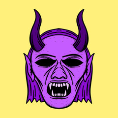 Devil face purple Illustration hand drawn cartoon colorful vintage style vector