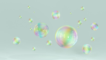 Abstract liquid circles on a background of blue with spacing. 3D design of a rainbow-colored spherical. Template for a trendy gradient in a minimal style. 3D rendering