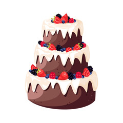 Pie with berries.Layered cake with white icing and blueberries, strawberries, blackberries, raspberries.Illustration of a sweet dessert for the holidays.